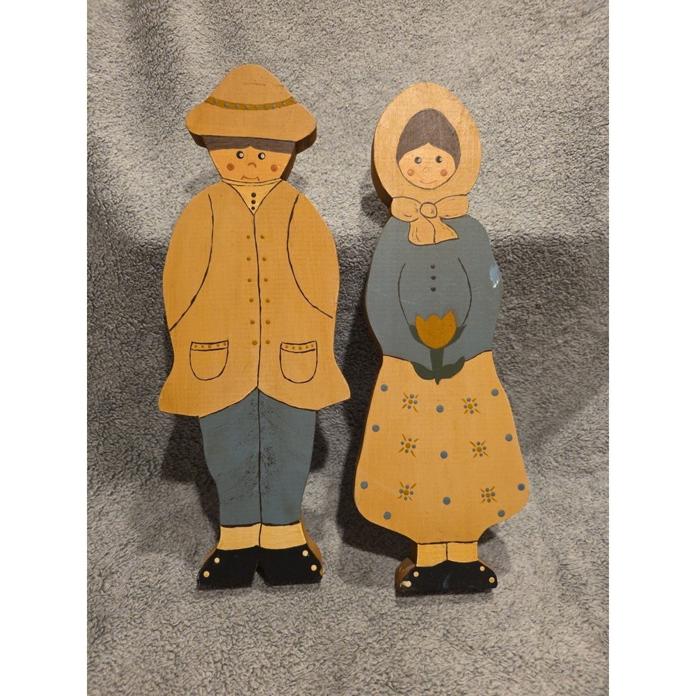 Vintage Wood Figurines Country Folk Art Primitive Hand Painted Man Woman Cottage